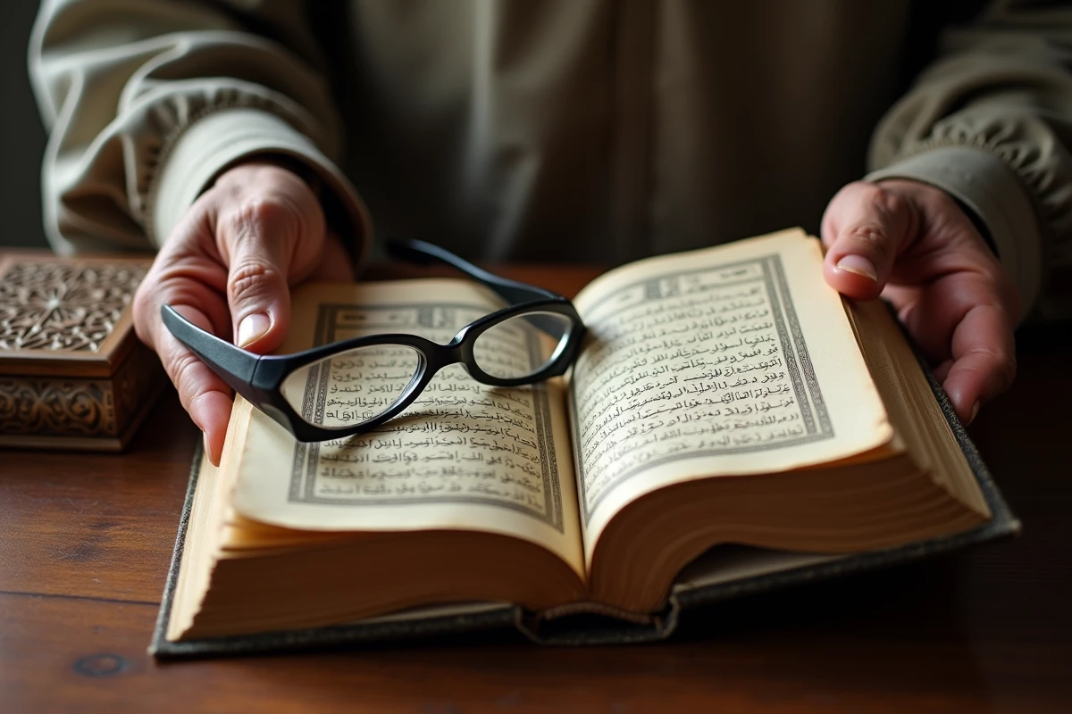 Gros plan sur des mains tenant un Coran ouvert à la sourate Al Kahf, avec des lunettes de lecture posées sur la page en arabe