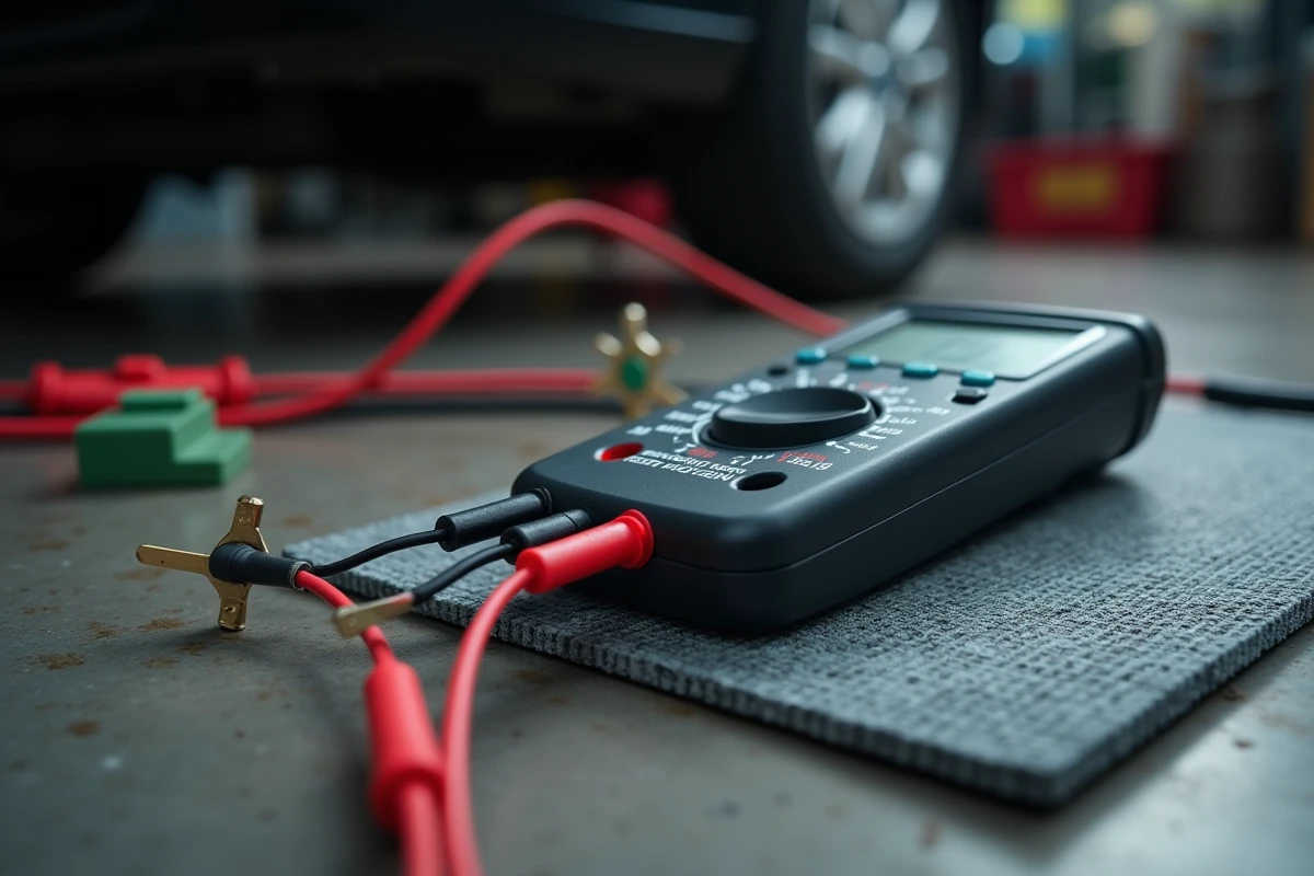 Gros plan d'un multim&egrave;tre num&eacute;rique testant un fusible automobile en mode continuit&eacute; dans un garage
