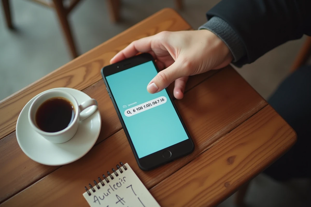 Gros plan d'un smartphone affichant un numéro de téléphone 06 dans un moteur de recherche pour annuaire inversé