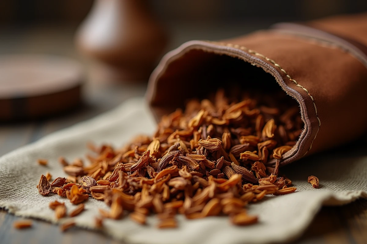 Gros plan de tabac à pipe en vrac dans une blague à tabac en cuir ouverte, révélant les textures et teintes dorées des feuilles séchées