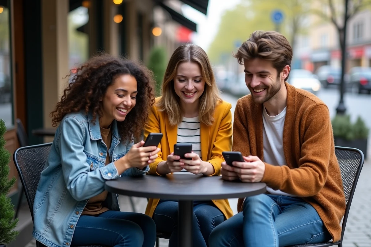 Groupe d'amis jouant ensemble &agrave; un jeu multijoueur mobile en terrasse de caf&eacute; en ville