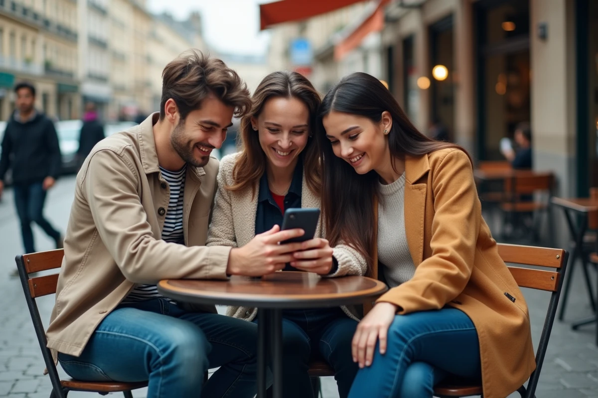 Groupe d'amis partageant un lien magnat Monopoly GO en terrasse de caf&eacute;