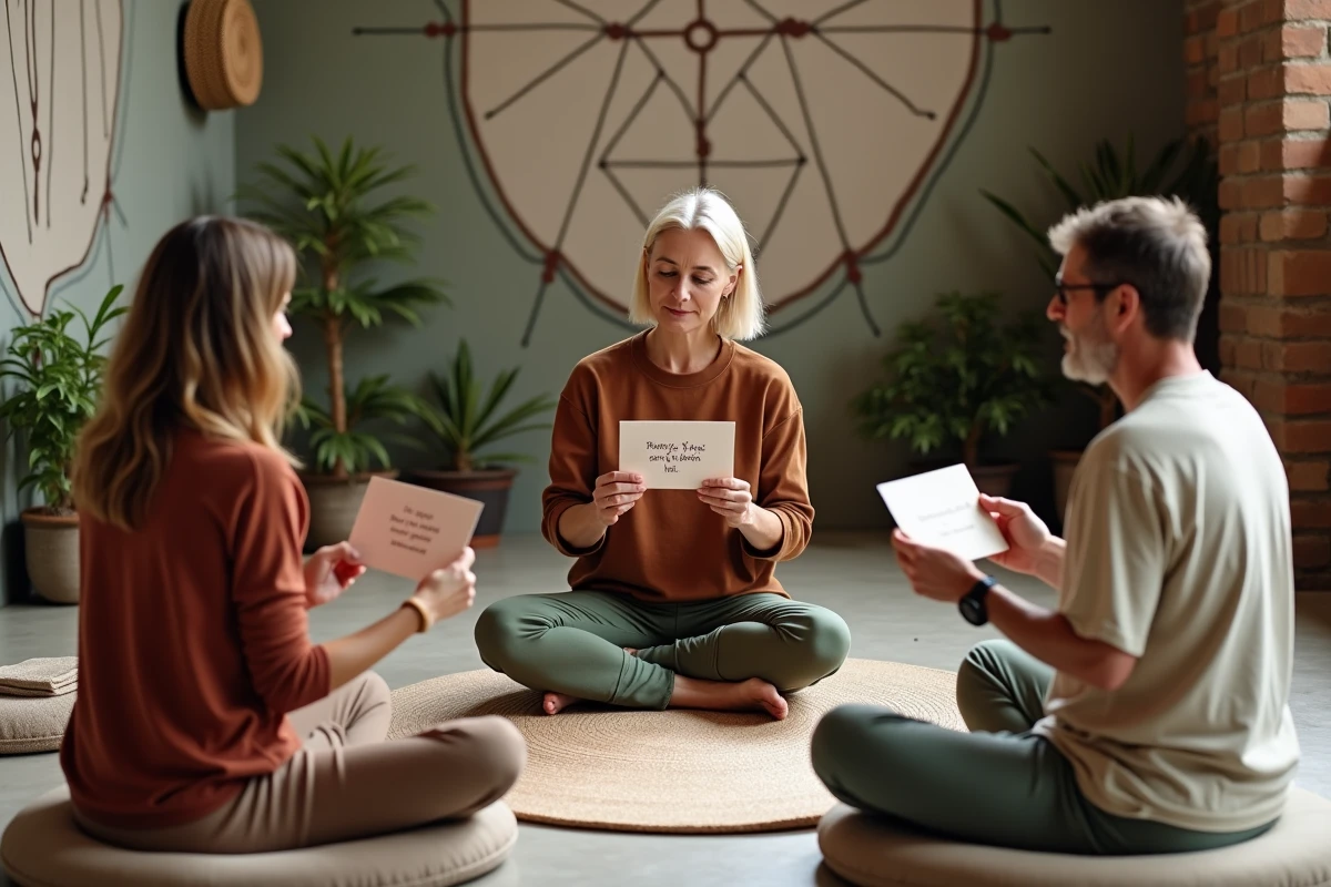 Groupe d'adultes en cercle de m&eacute;ditation r&eacute;fl&eacute;chissant &agrave; un synonyme symbolique de mantra dans un studio de yoga