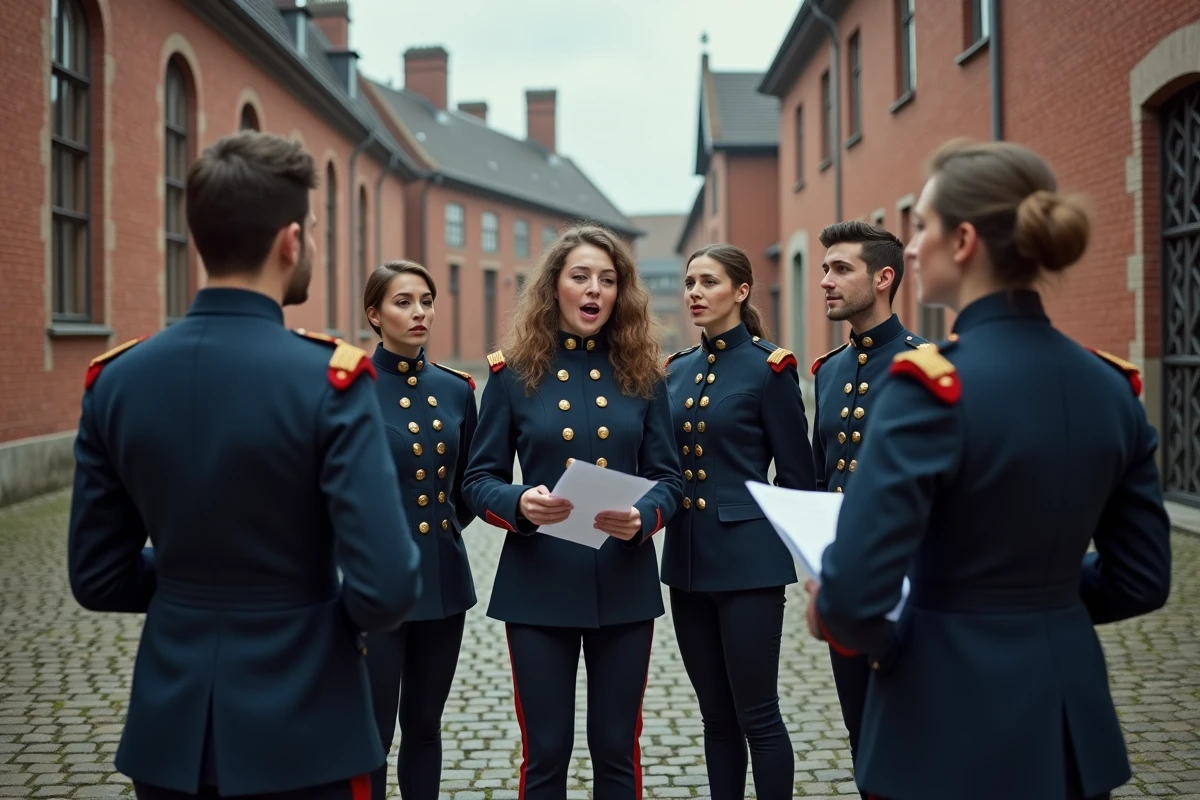 Groupe de chanteurs militaires r&eacute;p&eacute;tant les paroles de La Strasbourgeoise dans la cour d'une caserne alsacienne historique