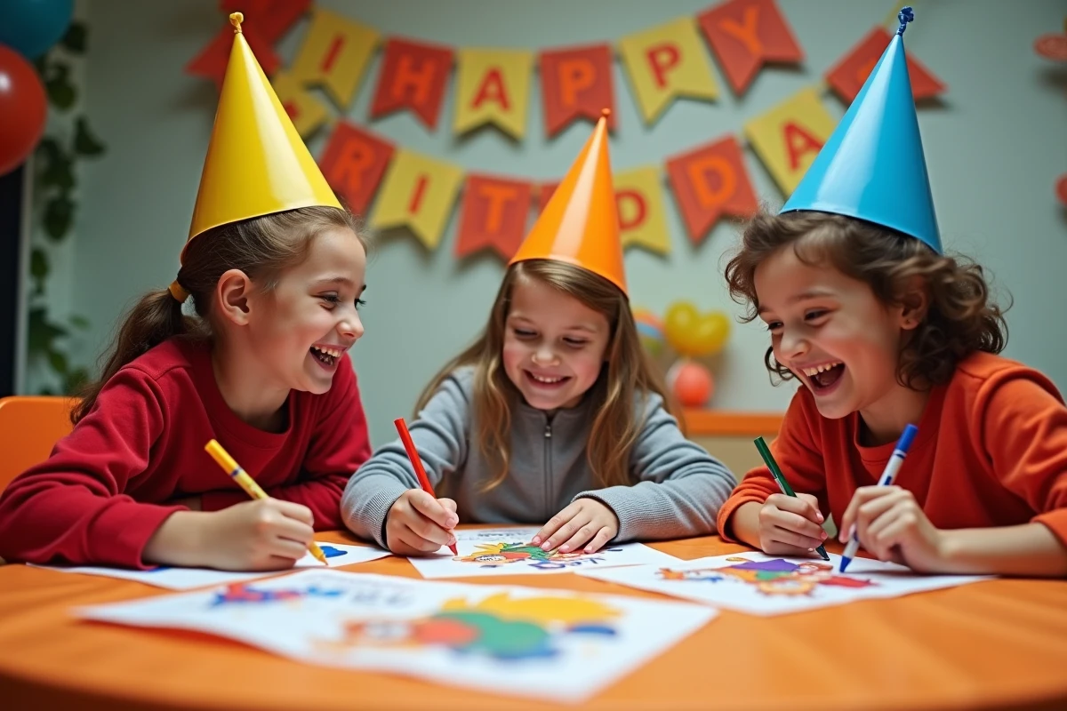 Groupe d'enfants coloriant des feuilles Dragon Ball autour d'une table lors d'un anniversaire d&eacute;cor&eacute;