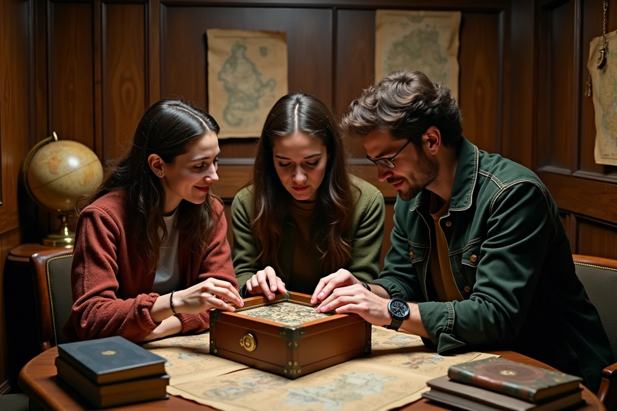 Groupe de joueurs collaborant autour d'indices dans un escape room au th&egrave;me aventure et &eacute;nigmes