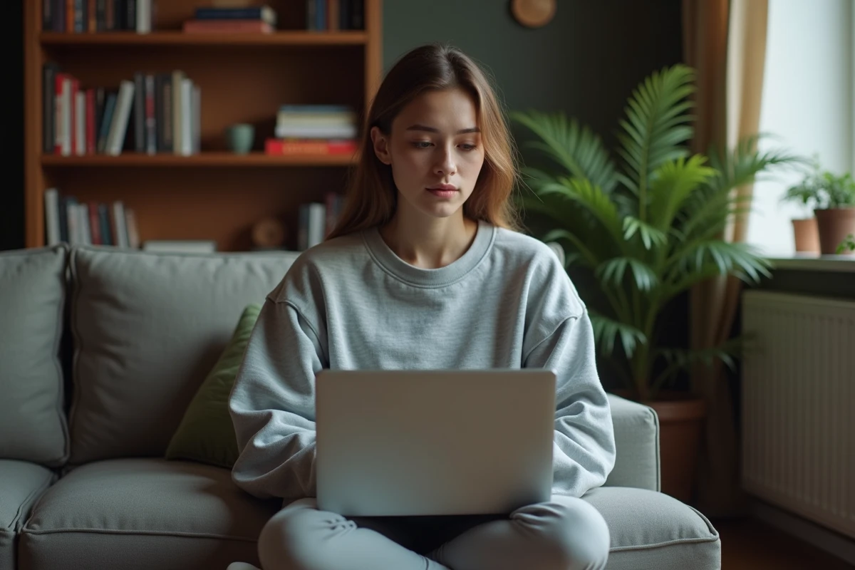 Jeune femme adulte consultant un guide de combos et d'outils MMORPG similaires &agrave; Dofusportal sur son laptop depuis son salon