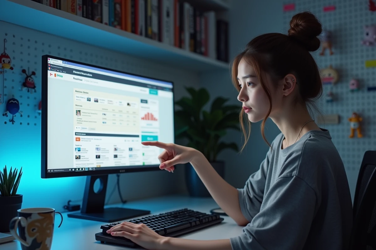 Jeune femme consultant un guide d'épisodes Fairy Tail sur ordinateur dans un bureau d'otaku organisé