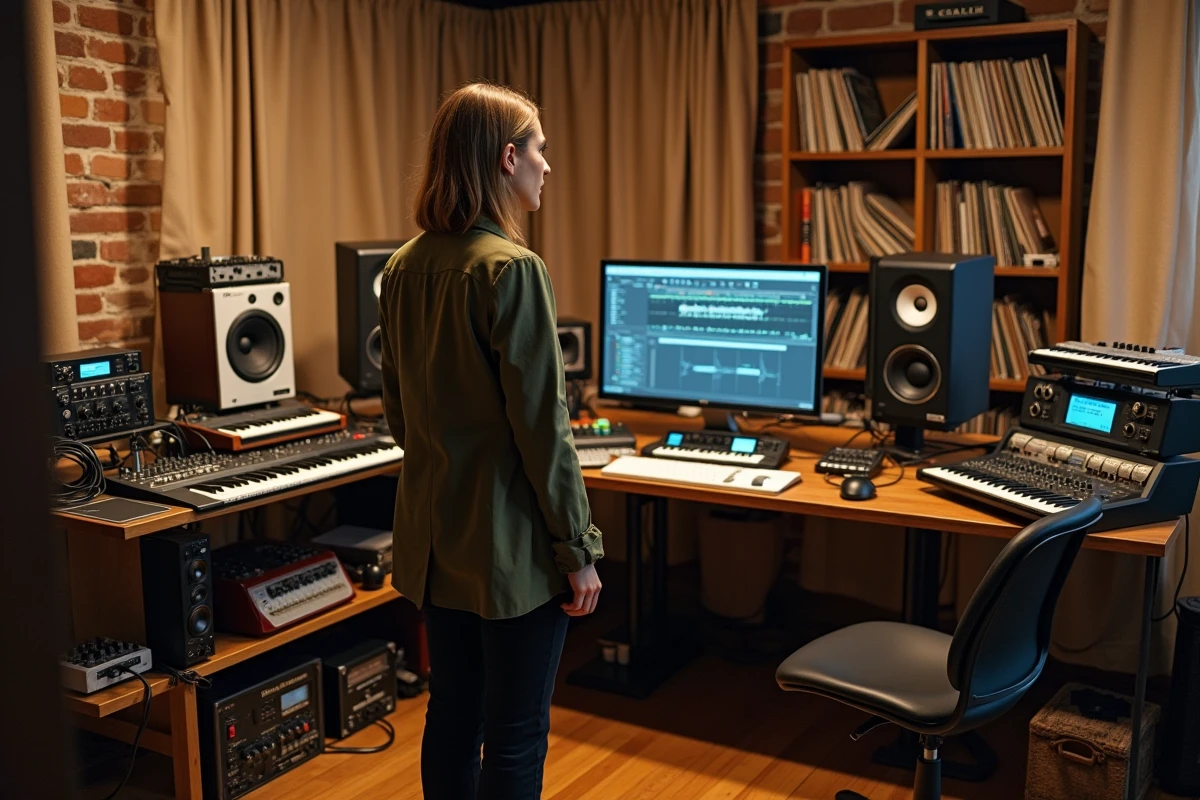 Productrice musicale dans un studio home studio avec synthétiseurs et interface audio professionnelle