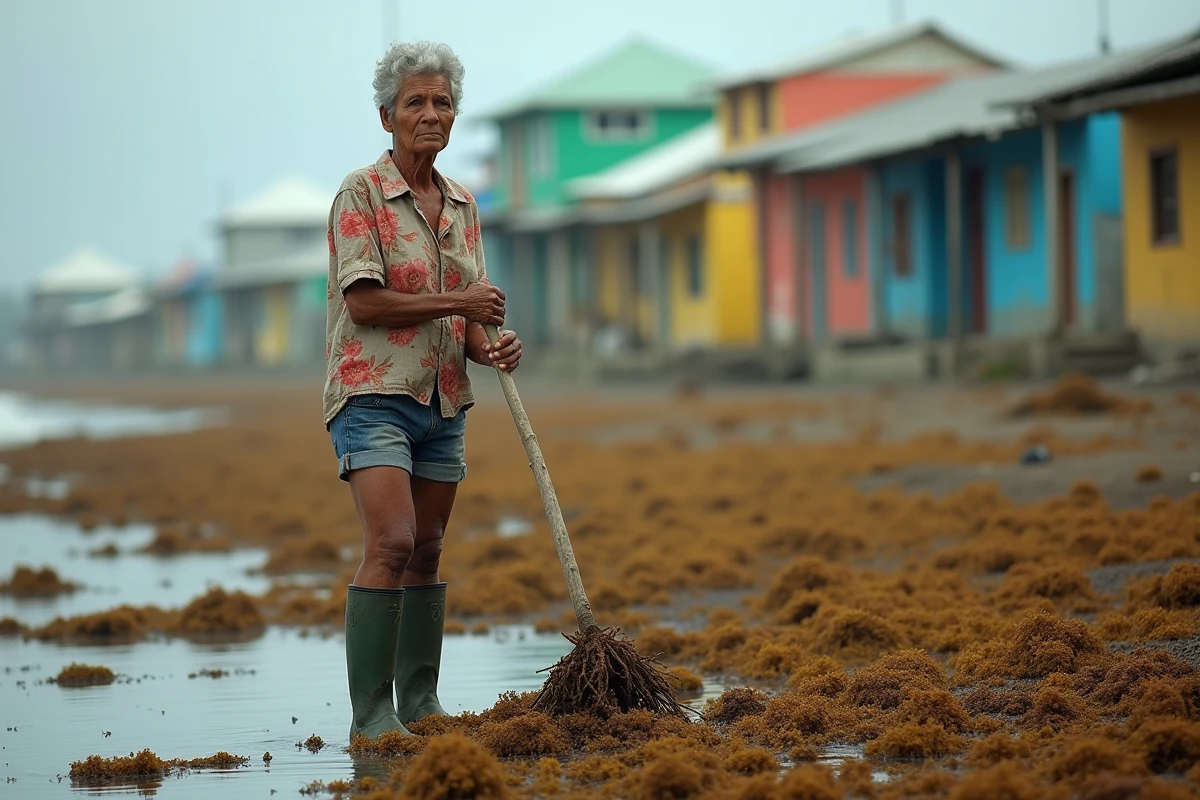 Femme guadeloupéenne équipée de bottes en caoutchouc retirant des algues sargasses au bord de l'eau dans un village côtier des Antilles