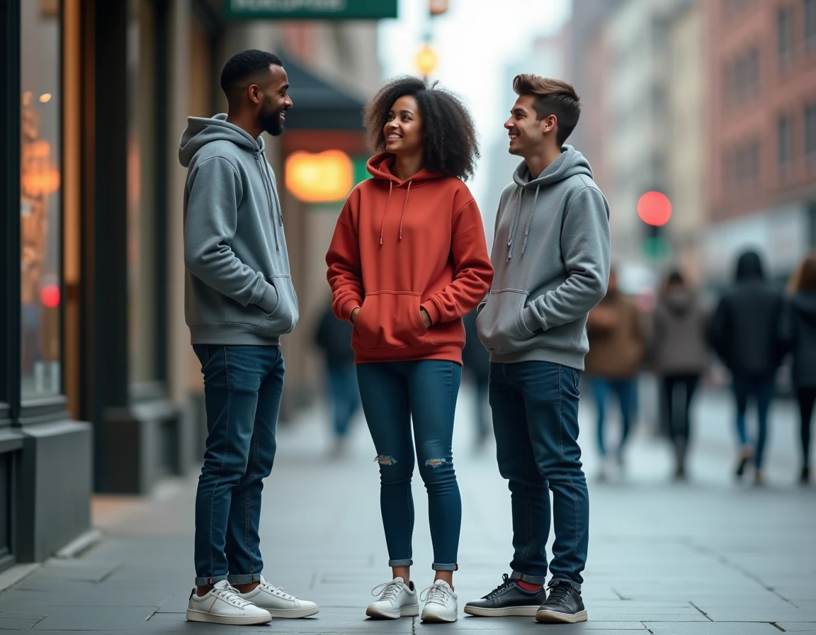 Groupe de jeunes adultes en tenues streetwear debout c&ocirc;te &agrave; c&ocirc;te sur un trottoir urbain, diff&eacute;rences de taille naturellement visibles en plein air