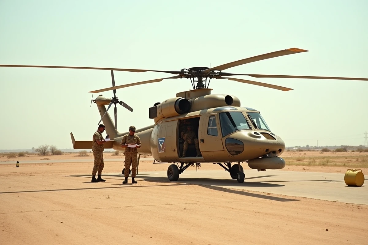 H&eacute;licopt&egrave;re Gazelle de l'arm&eacute;e fran&ccedil;aise en maintenance sur une base avanc&eacute;e au Sahel avec des techniciens militaires au sol