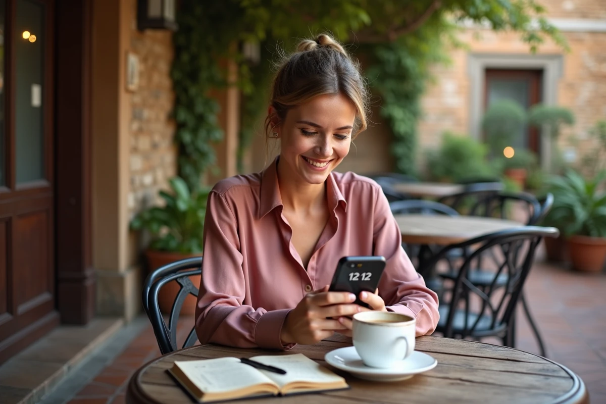 Femme souriante regardant l'heure 12h12 sur son téléphone dans un café en terrasse, moment de synchronicité amoureuse