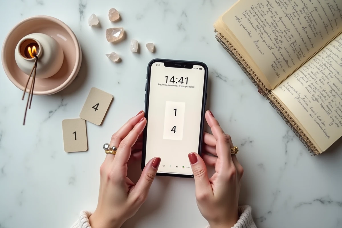 Mains féminines disposant des cartes de numérologie 1 et 4 sur marbre avec smartphone affichant 14h41