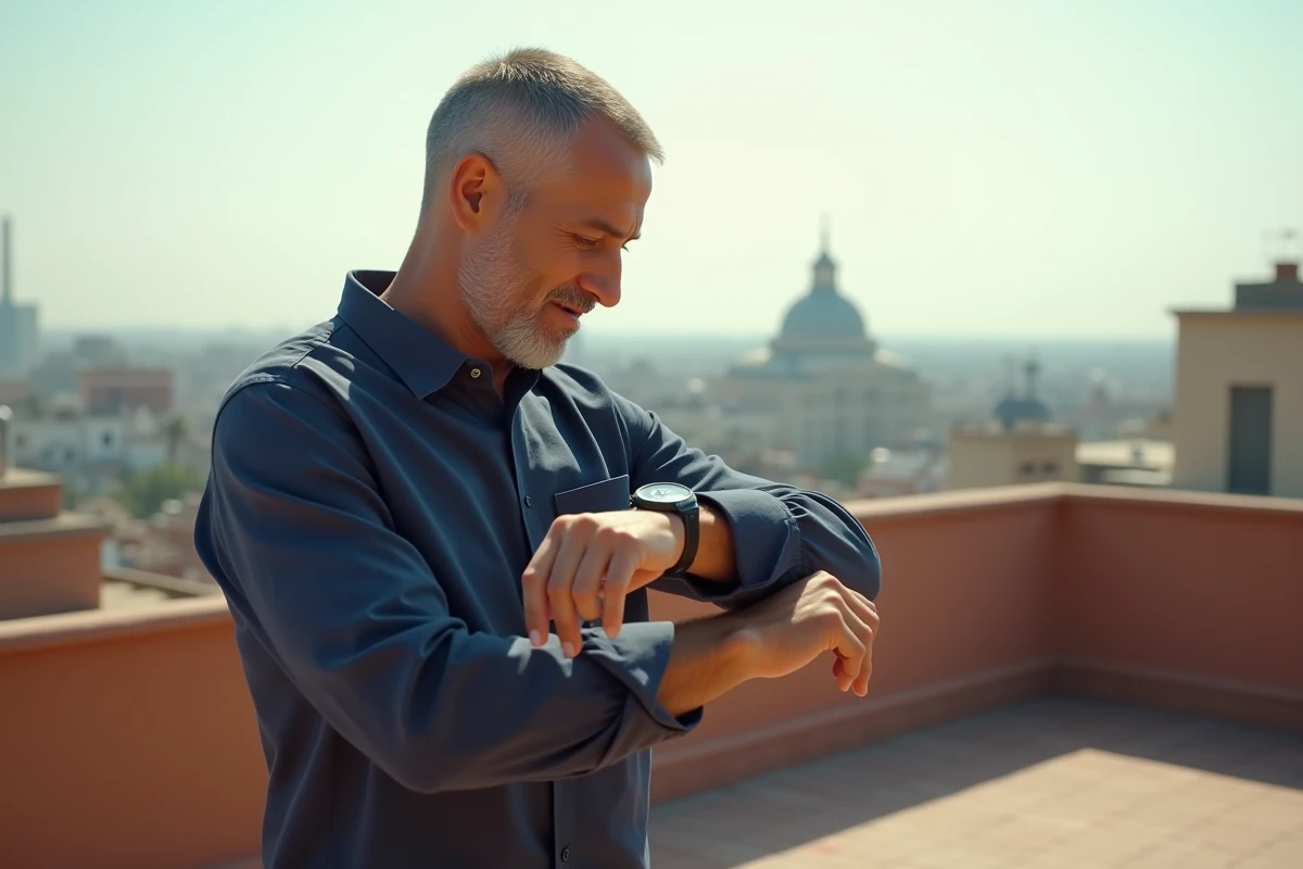 Homme regardant sa montre affichant 14h41 sur une terrasse urbaine ensoleillée avec carnet de notes