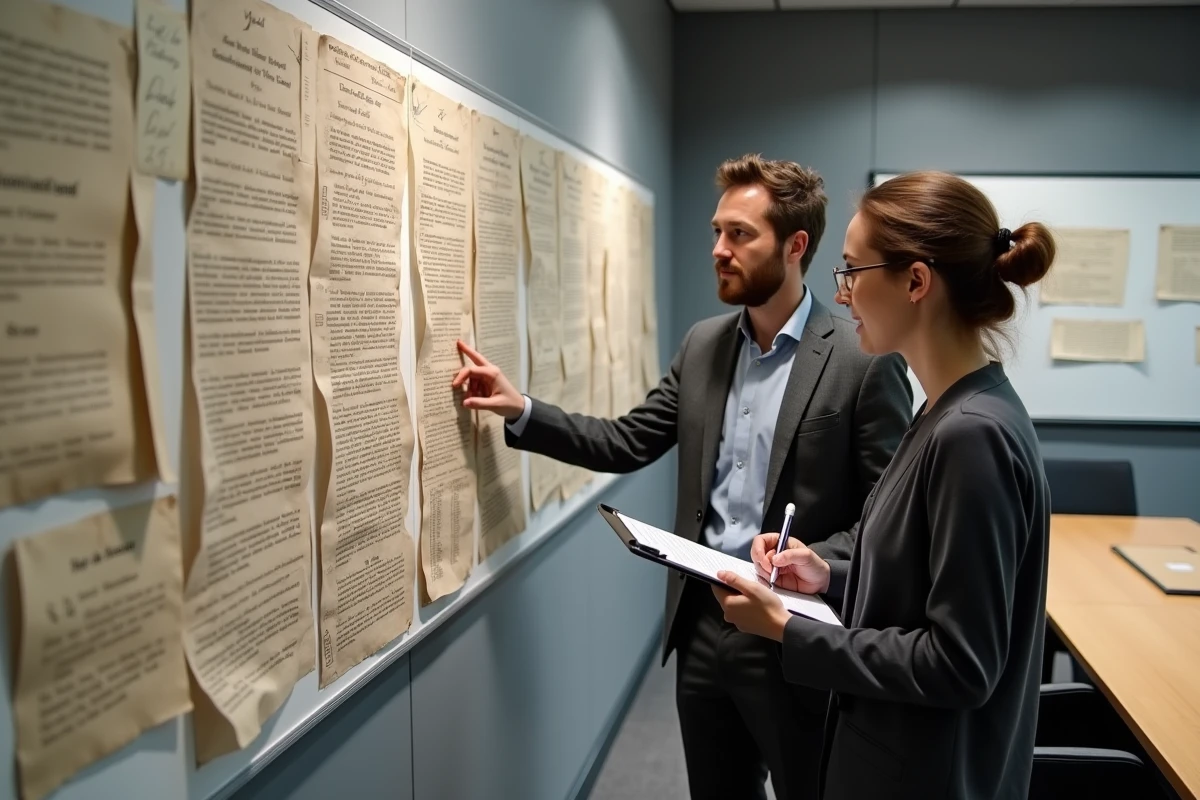 Deux historiens du droit collaborant sur des documents juridiques anciens lors d'un atelier de recherche acad&eacute;mique