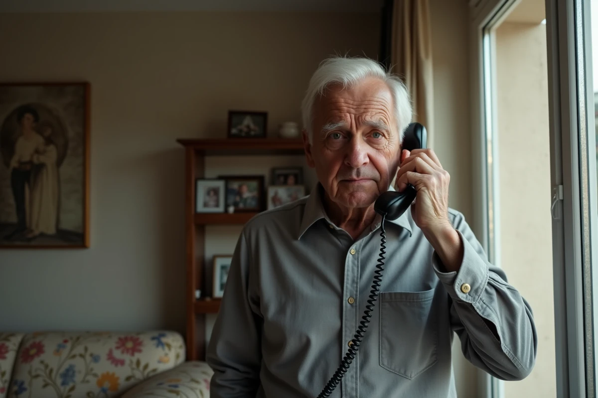 Homme âgé confus au téléphone fixe dans un appartement, victime potentielle d'une arnaque téléphonique