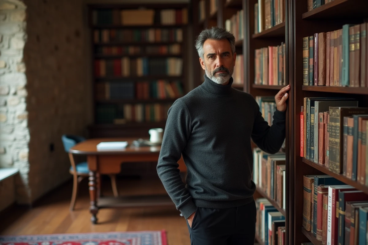 Homme cultivé posant dans une bibliothèque personnelle avec livres et décoration raffinée, ambiance intellectuelle