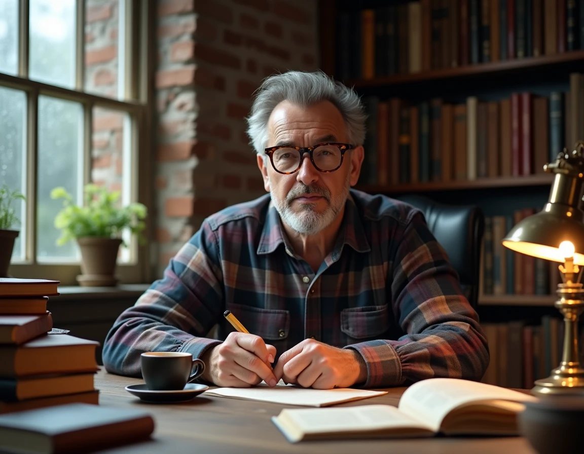 Homme passionné de romans policiers cozy installé dans un bureau vintage entouré de livres et de notes manuscrites
