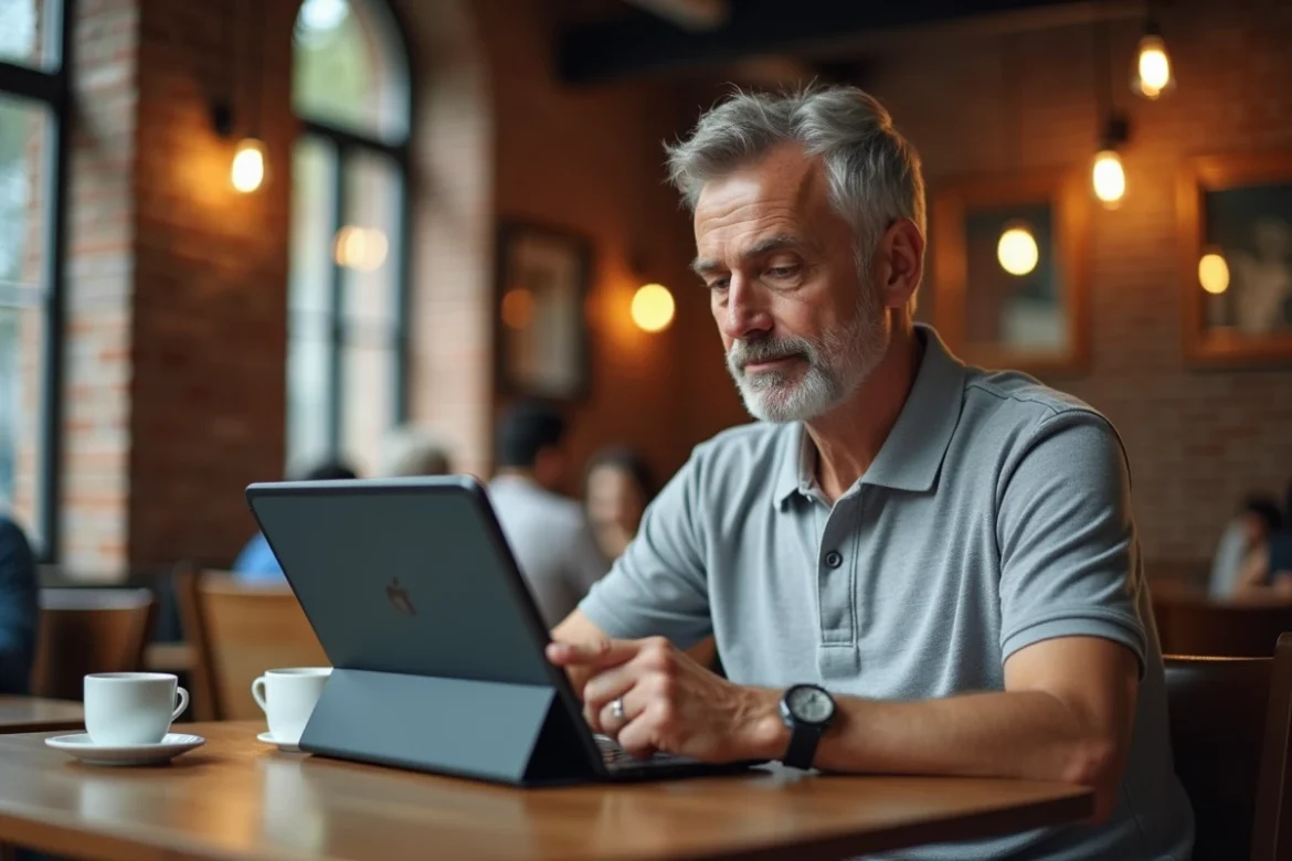 Homme en terrasse de café consultant les offres d'accès à un espace membre sur une tablette numérique