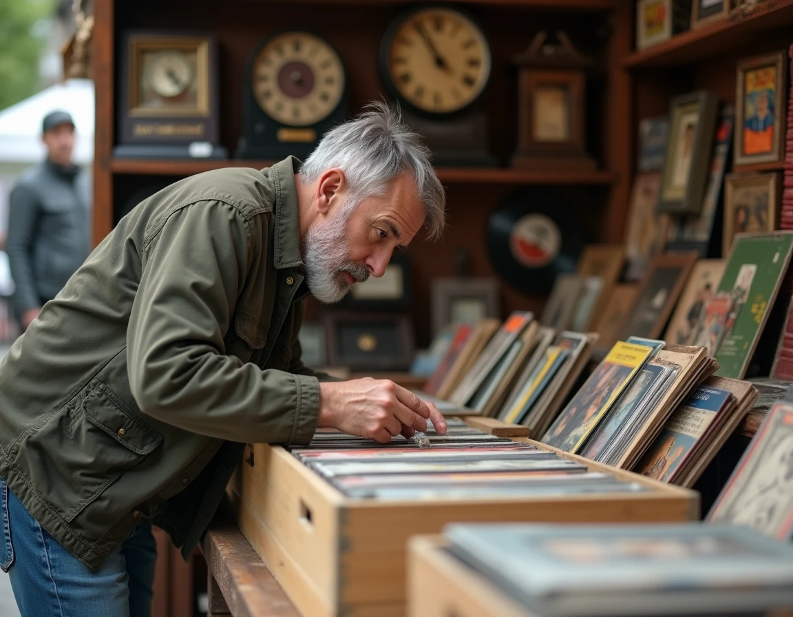 Homme fouillant dans des disques vinyles et cartes postales anciennes sur un stand de brocante en Moselle