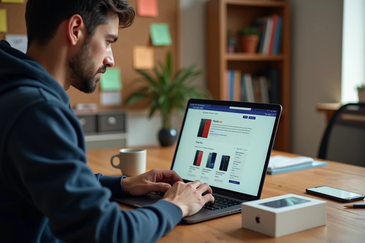 Homme comparant les prix de l'iPhone 14 sur un site de revendeur en ligne depuis son bureau à domicile