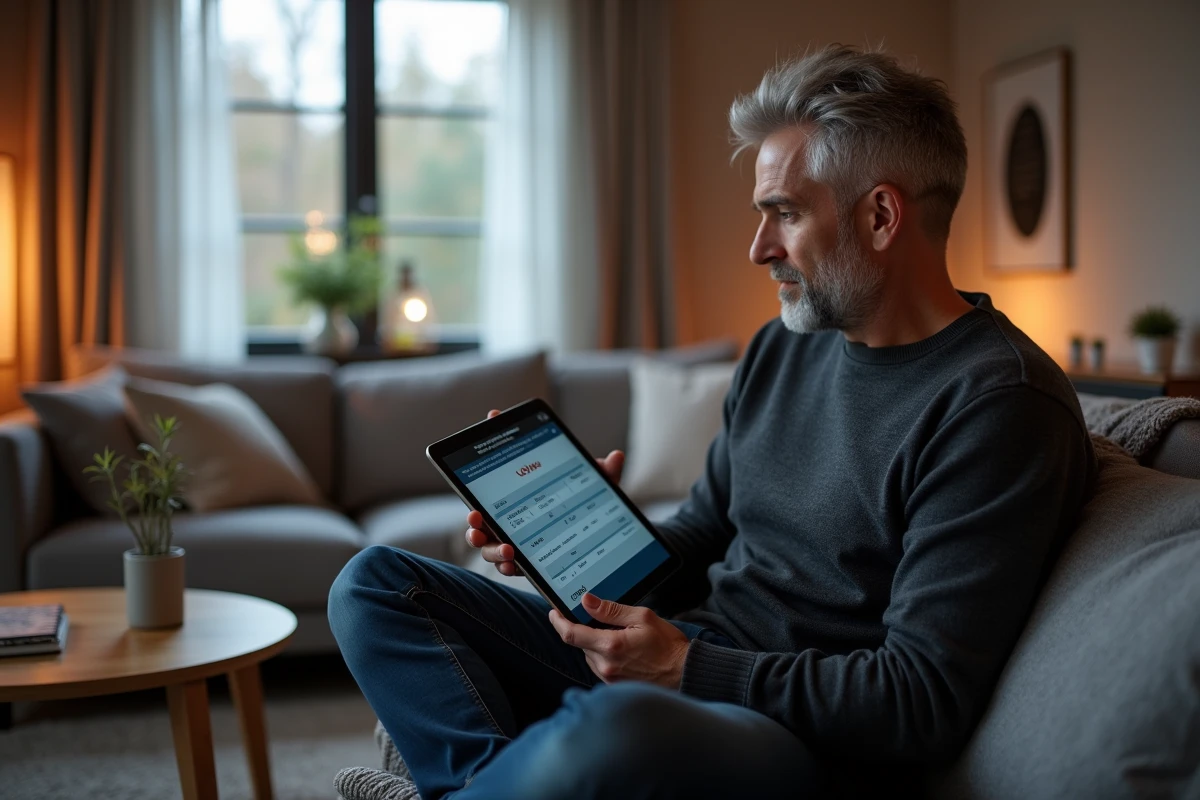 Homme consultant un tableau comparatif VPN proxy et DNS intelligent sur une tablette dans un salon
