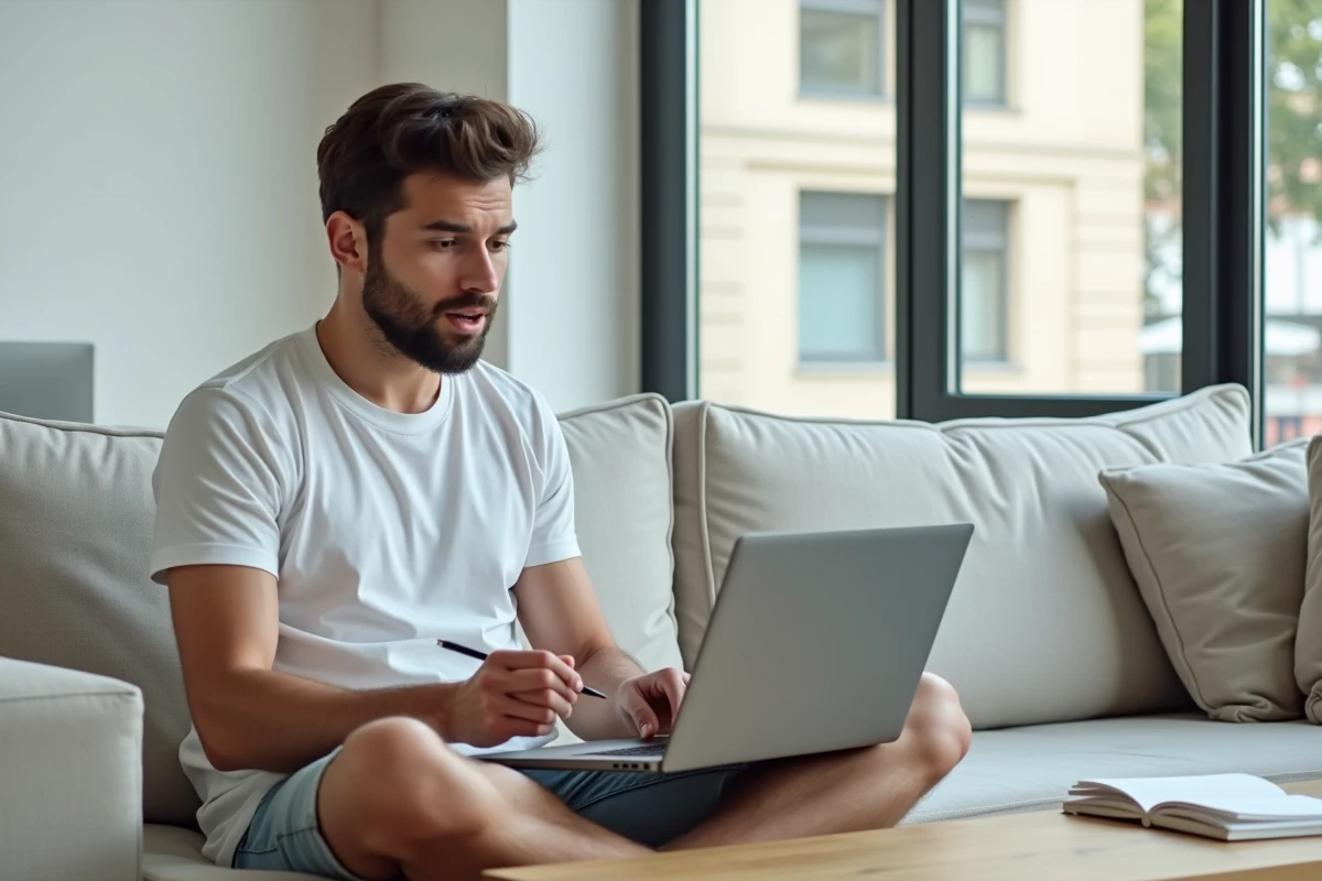 Jeune homme consultant un site de conjugaison fran&ccedil;aise sur son ordinateur portable, stylo &agrave; la main, cherchant la bonne orthographe