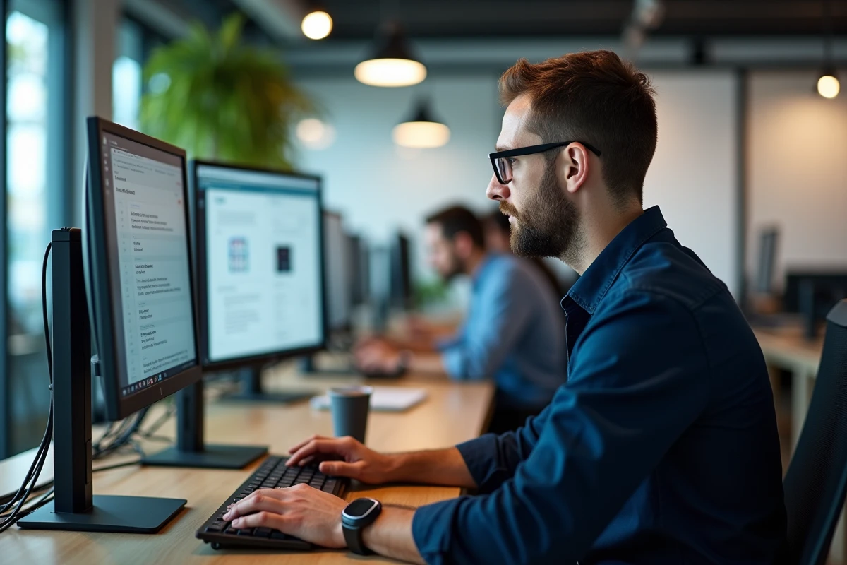 Homme utilisant une interface de chat communautaire francophone dans un espace de coworking moderne, alternative professionnelle et s&eacute;curis&eacute;e &agrave; Coco.gg