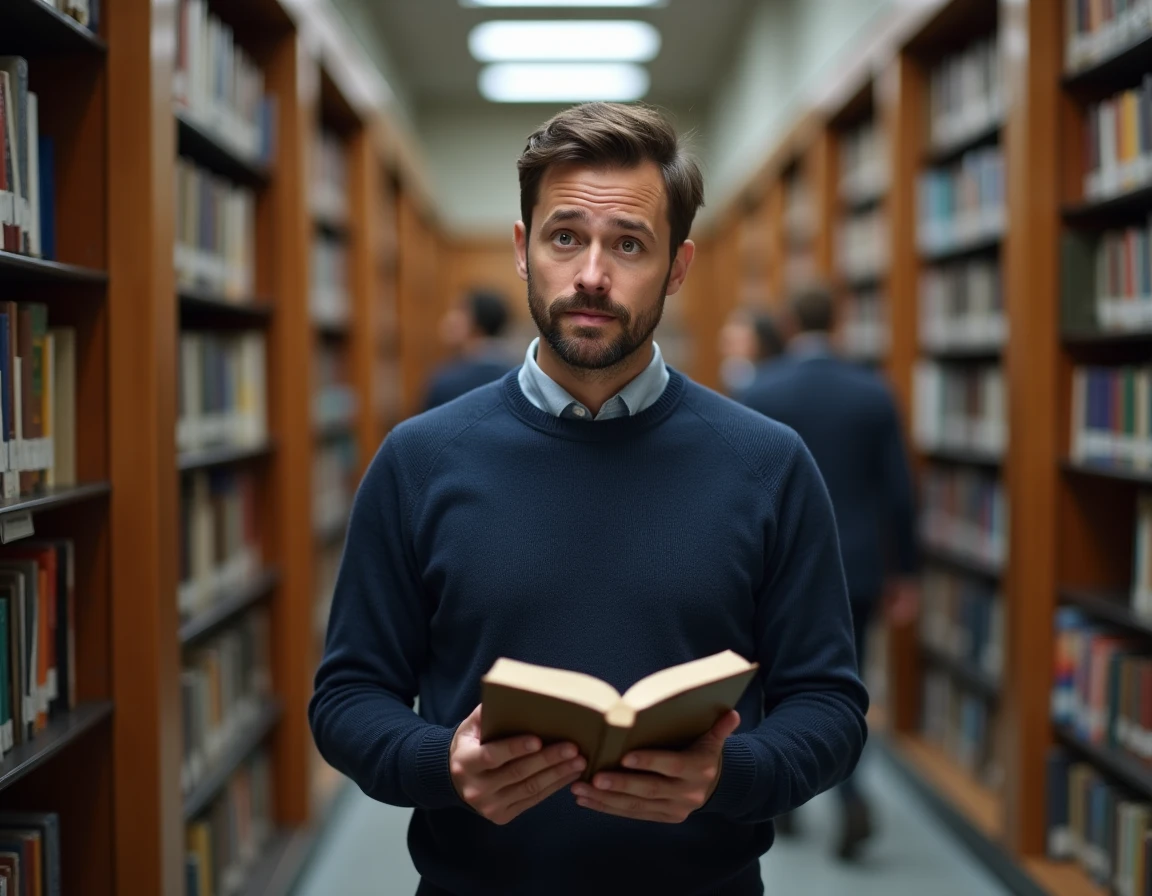 Homme consultant un dictionnaire français dans une bibliothèque publique, symbolisant la recherche des règles orthographiques