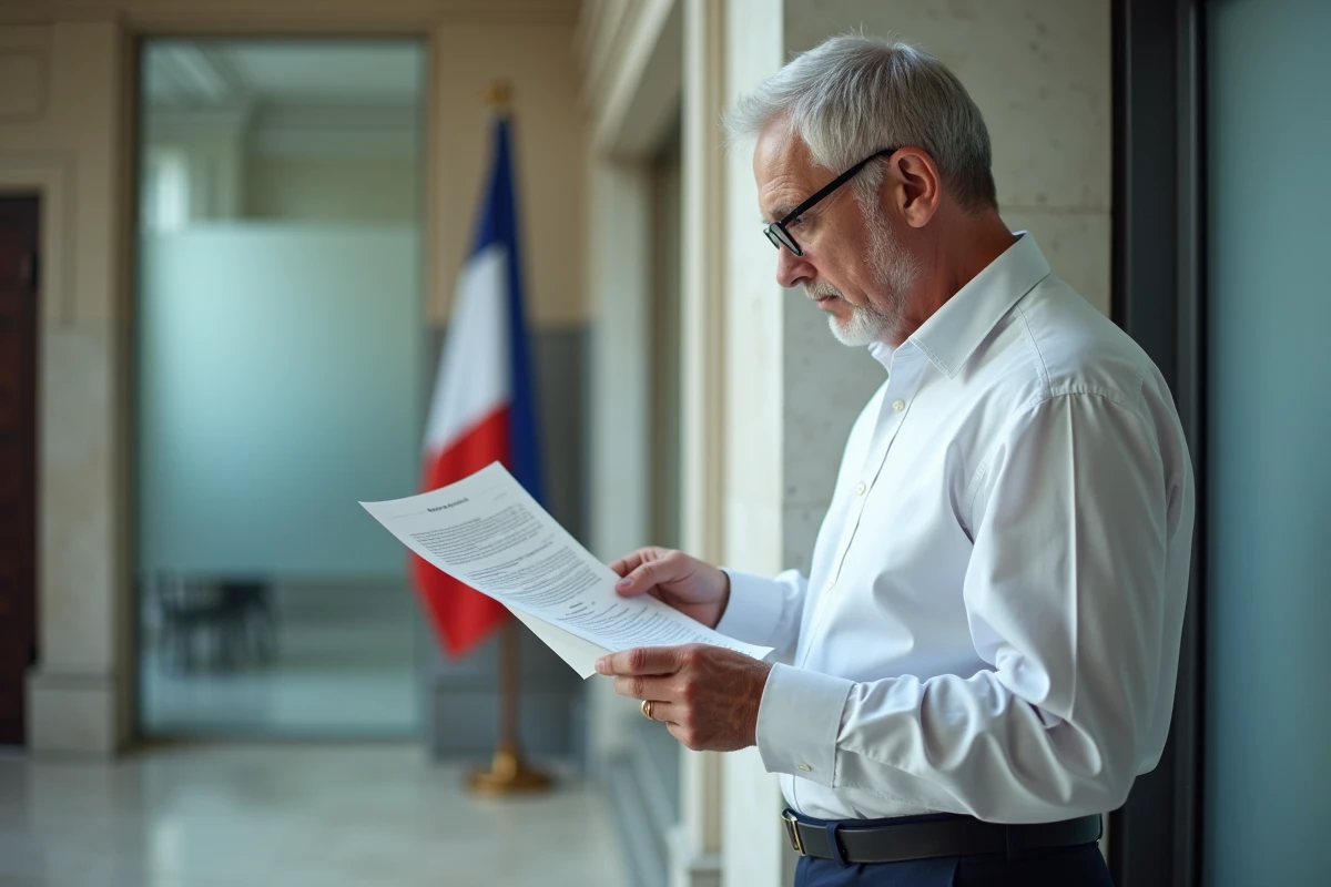 Homme consultant un document officiel dans une salle d'attente de préfecture avec drapeau tricolore en arrière-plan