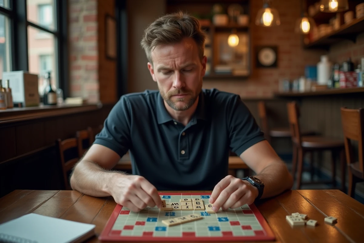 Homme révisant des mots valides au Scrabble avec des fiches mémo dans un café