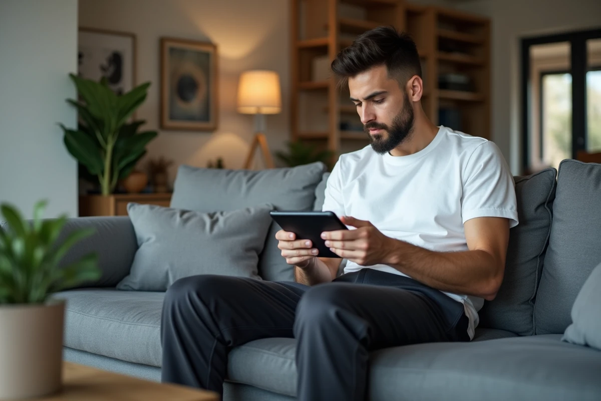 Homme concentré jouant à un jeu mobile sur tablette dans un salon moderne