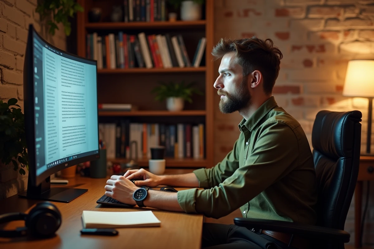 Homme lisant un article de blog home-cin&eacute;ma sur &eacute;cran incurv&eacute; dans un bureau cosy avec &eacute;tag&egrave;res de films et notes manuscrites
