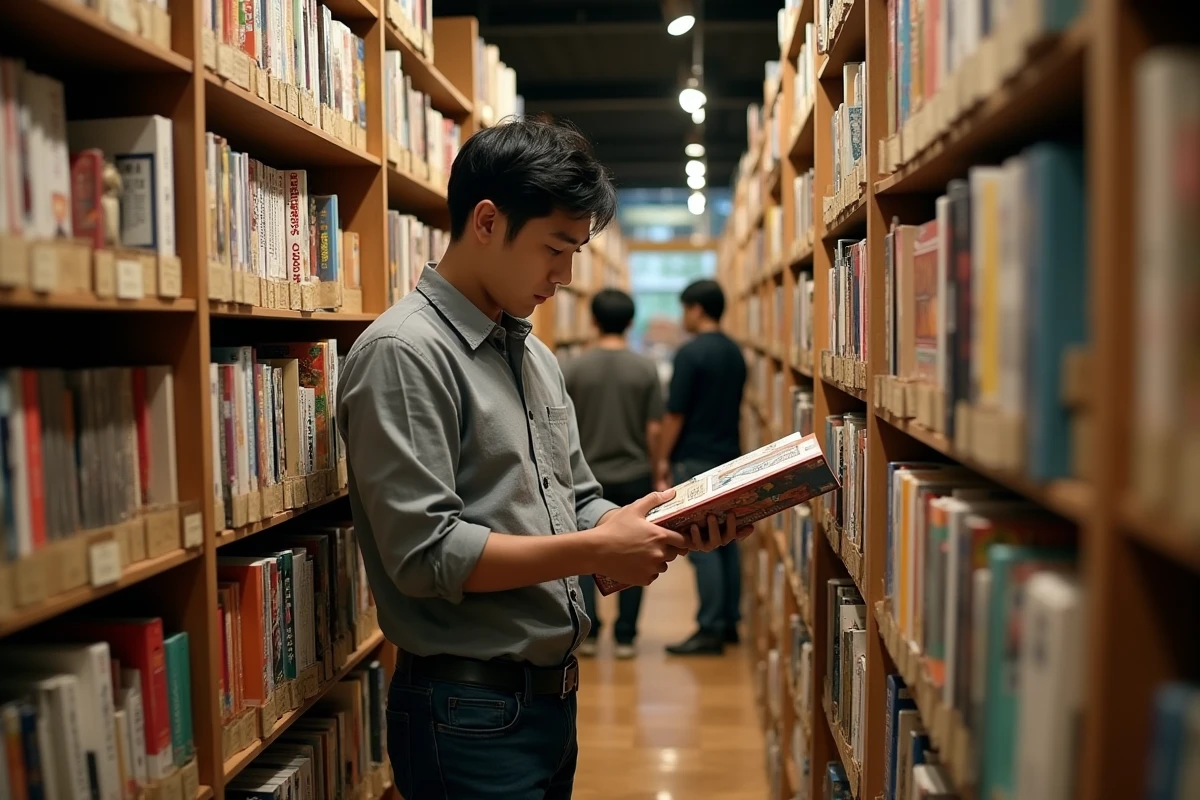 Homme parcourant une collection de mangas dans une librairie indépendante aux rayons bien organisés