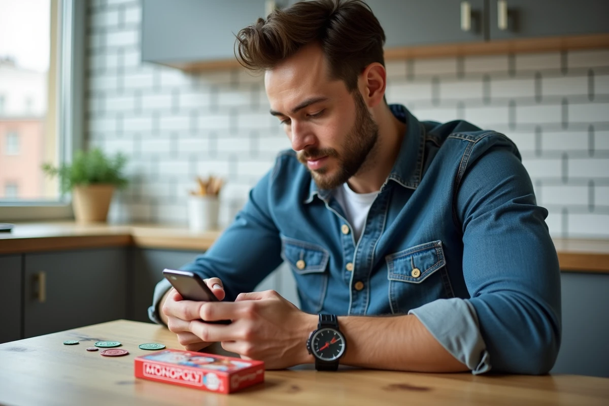 Homme consultant des liens Monopoly GO gratuits sur son téléphone avec une boîte de jeu Monopoly sur la table de cuisine