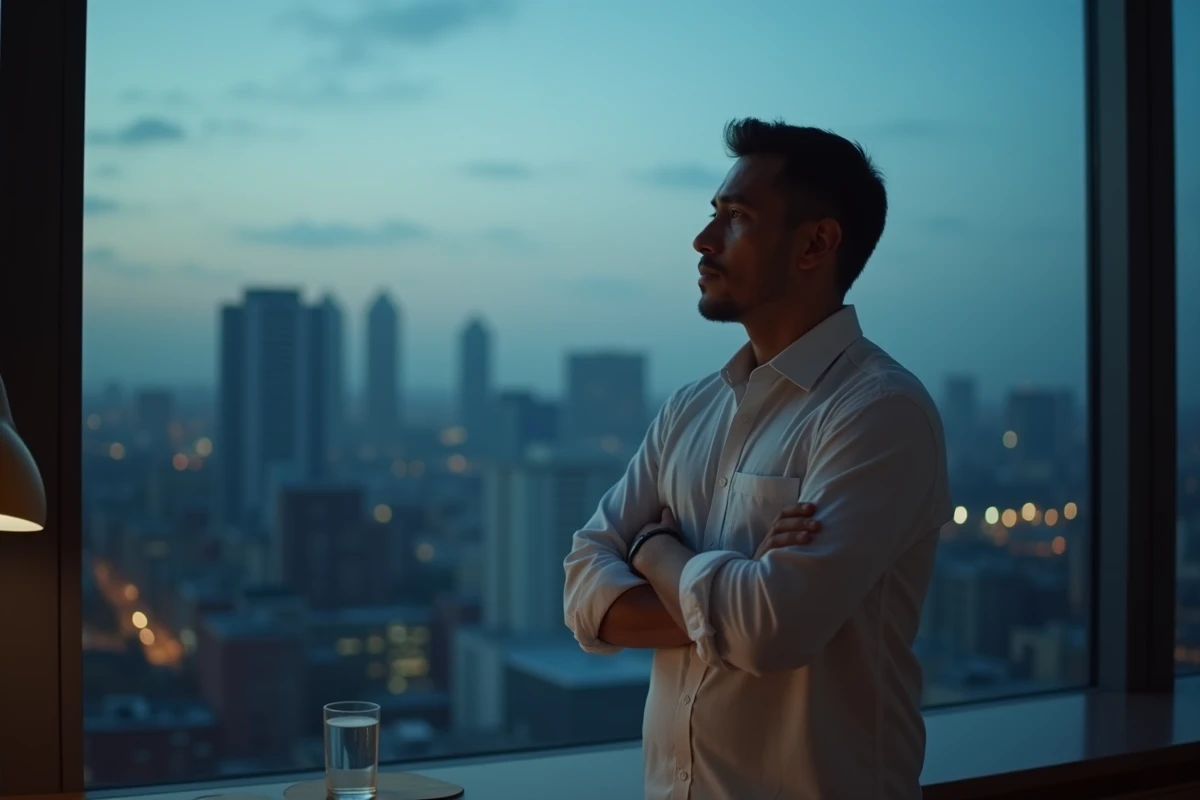 Homme m&eacute;lancolique debout devant une fen&ecirc;tre d'appartement urbain au cr&eacute;puscule, bras crois&eacute;s, regard perdu sur la ville, &eacute;voquant doute et introspection dans une relation