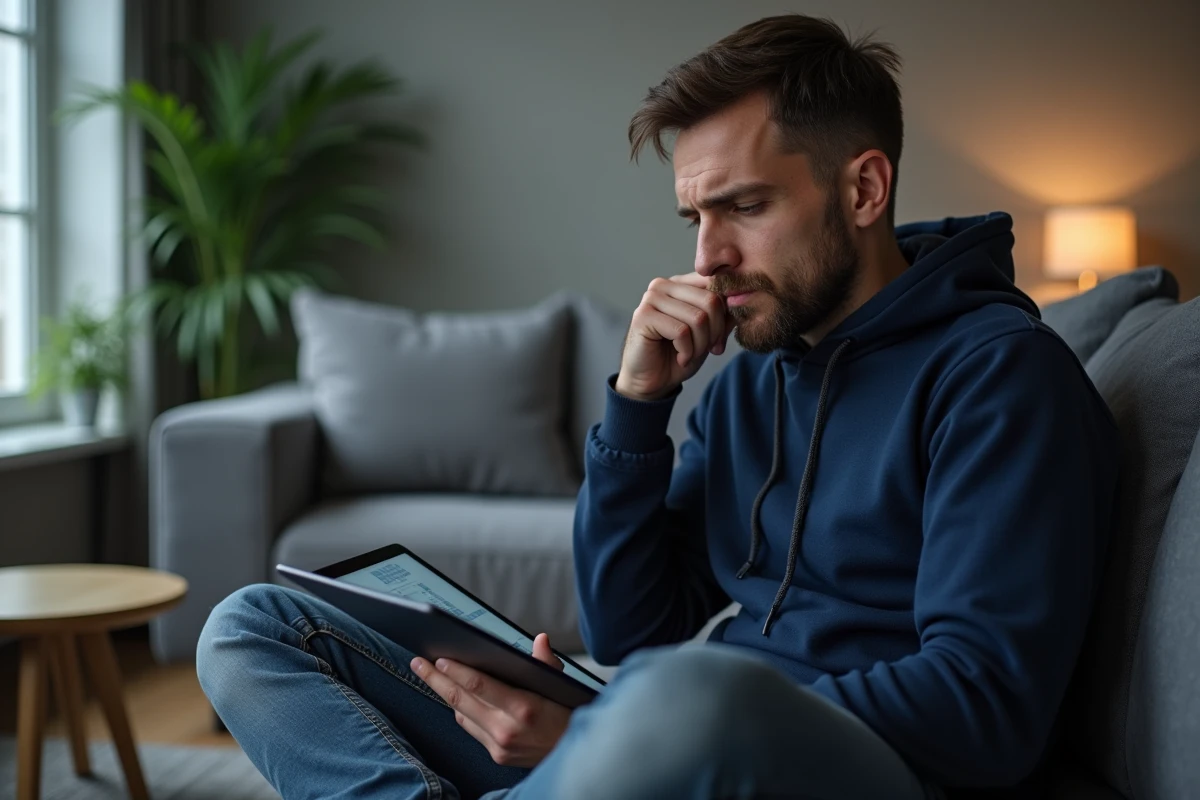 Homme r&eacute;fl&eacute;chissant devant une grille de mots crois&eacute;s en ligne sur une tablette num&eacute;rique, assis sur un canap&eacute; dans un salon