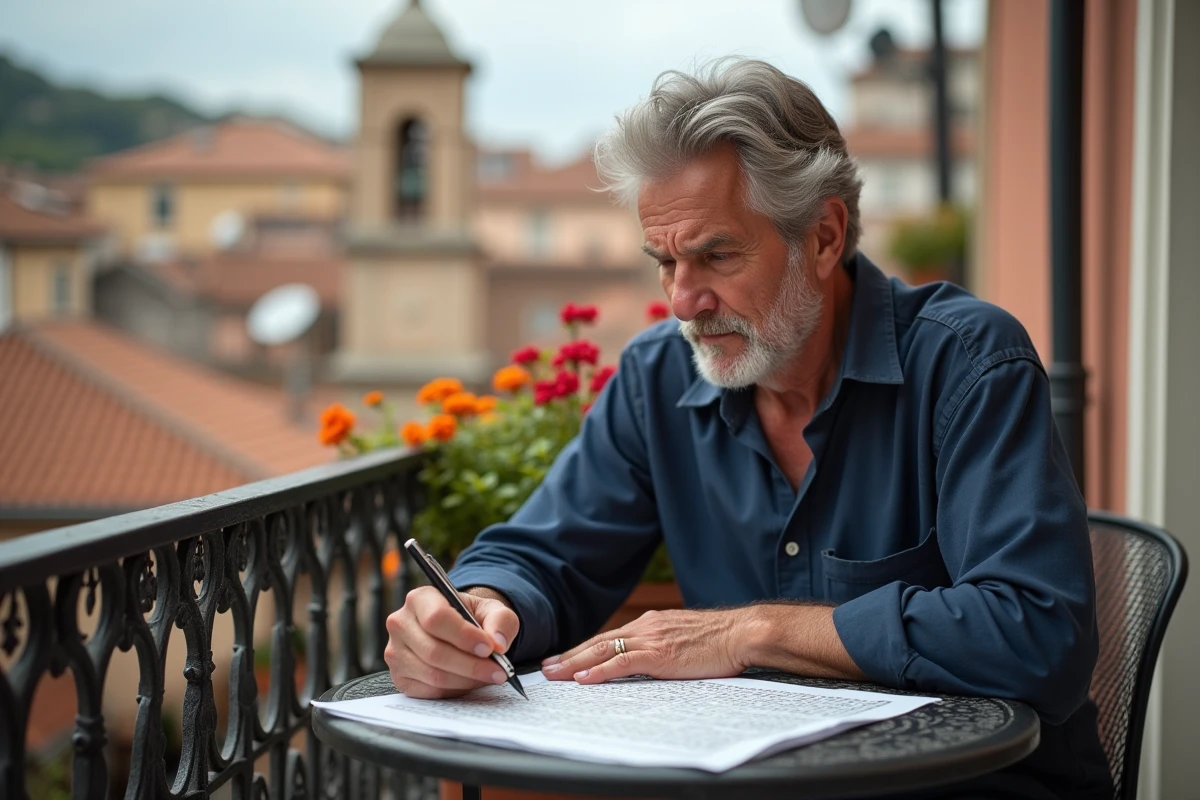 Homme en chemise en lin résolvant des mots fléchés sur une ville italienne depuis un balcon avec vue sur les toits de Rome