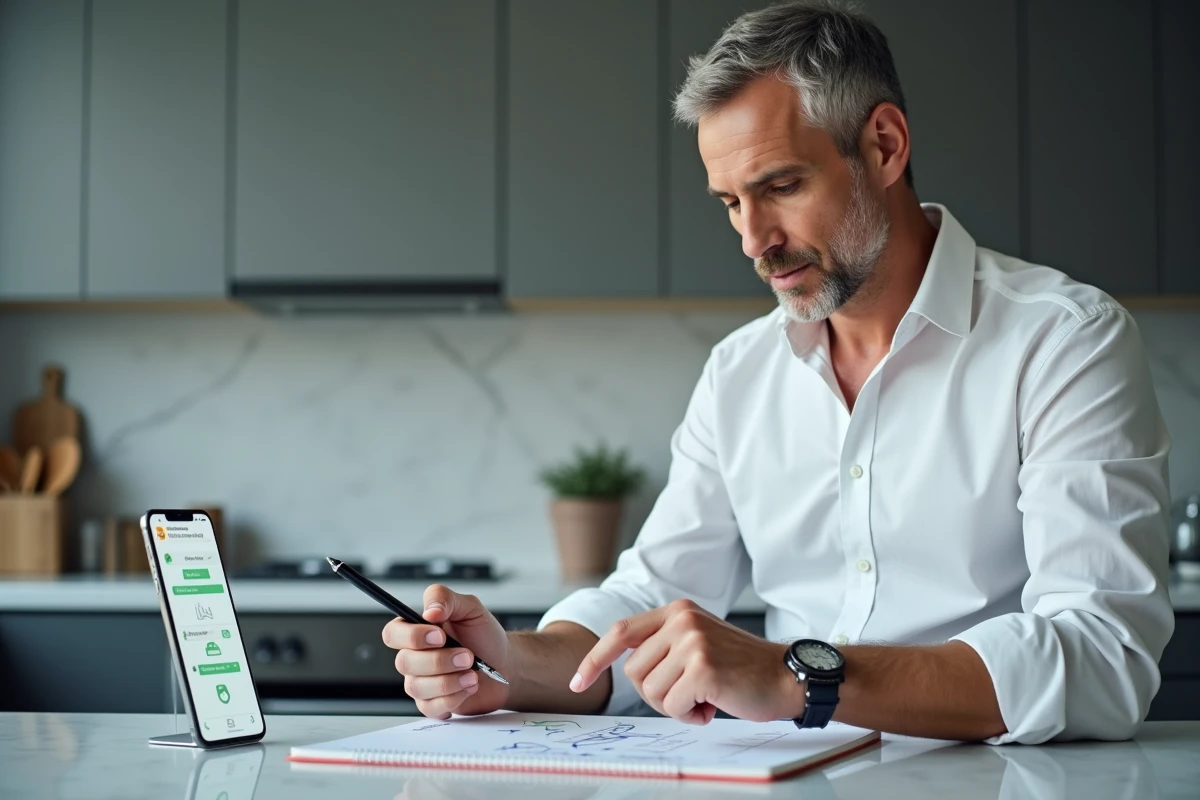 Homme debout dans une cuisine moderne prenant des notes strat&eacute;giques pour r&eacute;soudre le mot du jour sur Cemantix