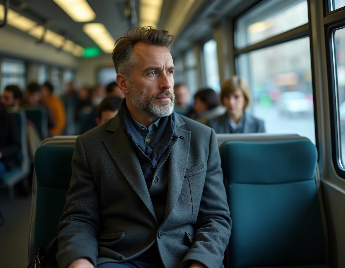 Homme assis dans une rame de métro TCL à Lyon pendant les heures de pointe du matin