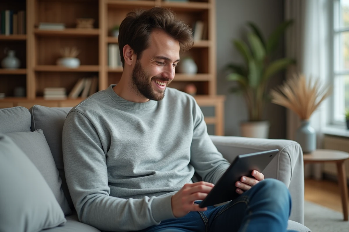 Homme dans la trentaine choisissant un gif anim&eacute; d'anniversaire classe sur une tablette dans son salon