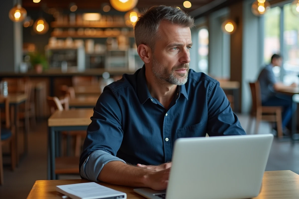 Homme concentré sur la rédaction d'un email professionnel dans un café, évoquant les doutes d'orthographe en français