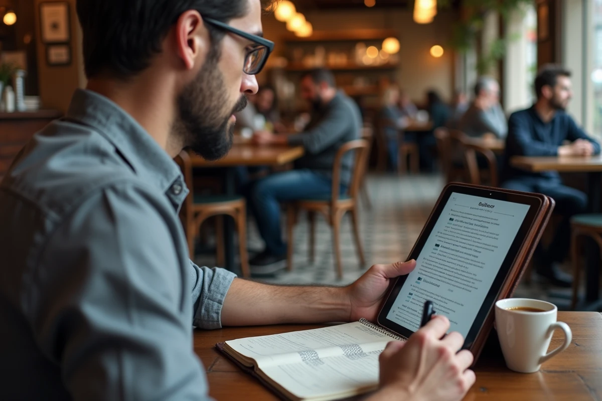 Homme r&eacute;fl&eacute;chissant au choix d'un nom pour une encyclop&eacute;die collaborative en ligne dans un caf&eacute;, &eacute;crivant des options dans un carnet