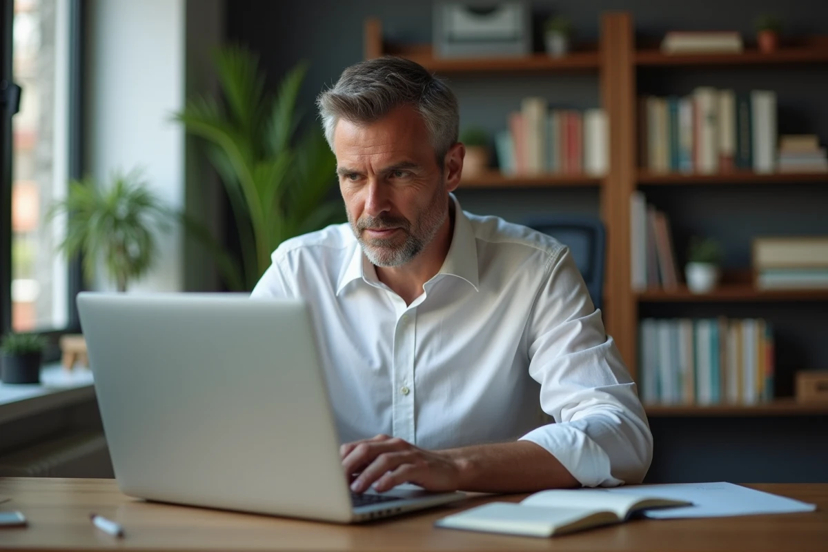 Homme envoyant une demande de résiliation d'abonnement magazine en ligne depuis son bureau à domicile
