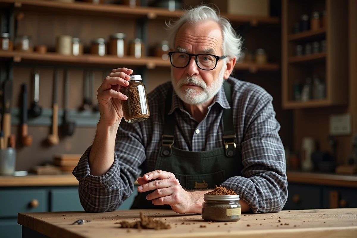 Homme senior inspecte un bocal hermétique de tabac à pipe dans un atelier rangé, avec un présentoir de pipes et des boîtes de conservation en arrière-plan