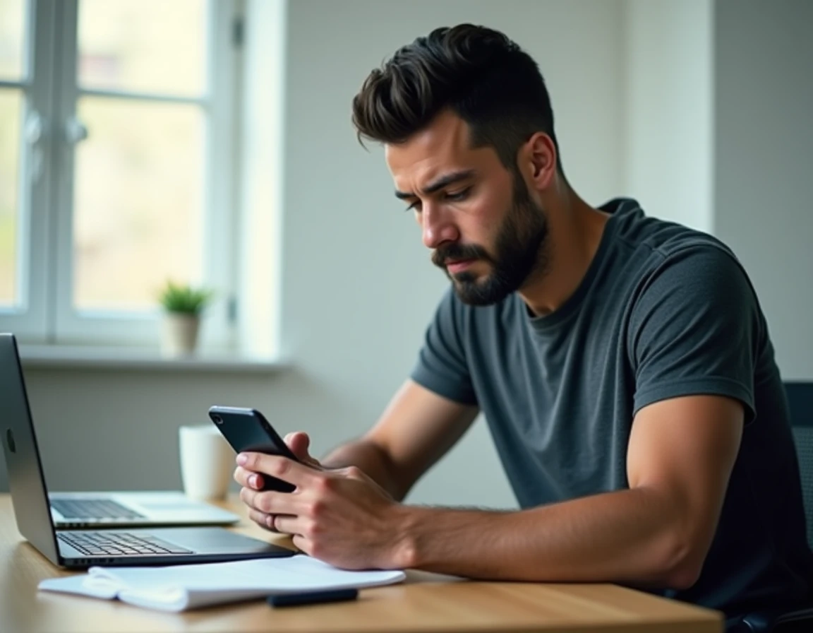 Homme consultant son smartphone sur un bureau minimaliste pour enregistrer une story Instagram, questions légales et bonnes pratiques sur les réseaux sociaux