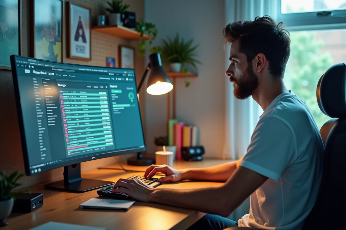 Homme organisant le suivi de plusieurs séries manga sur un ordinateur de bureau avec des listes de lecture colorées