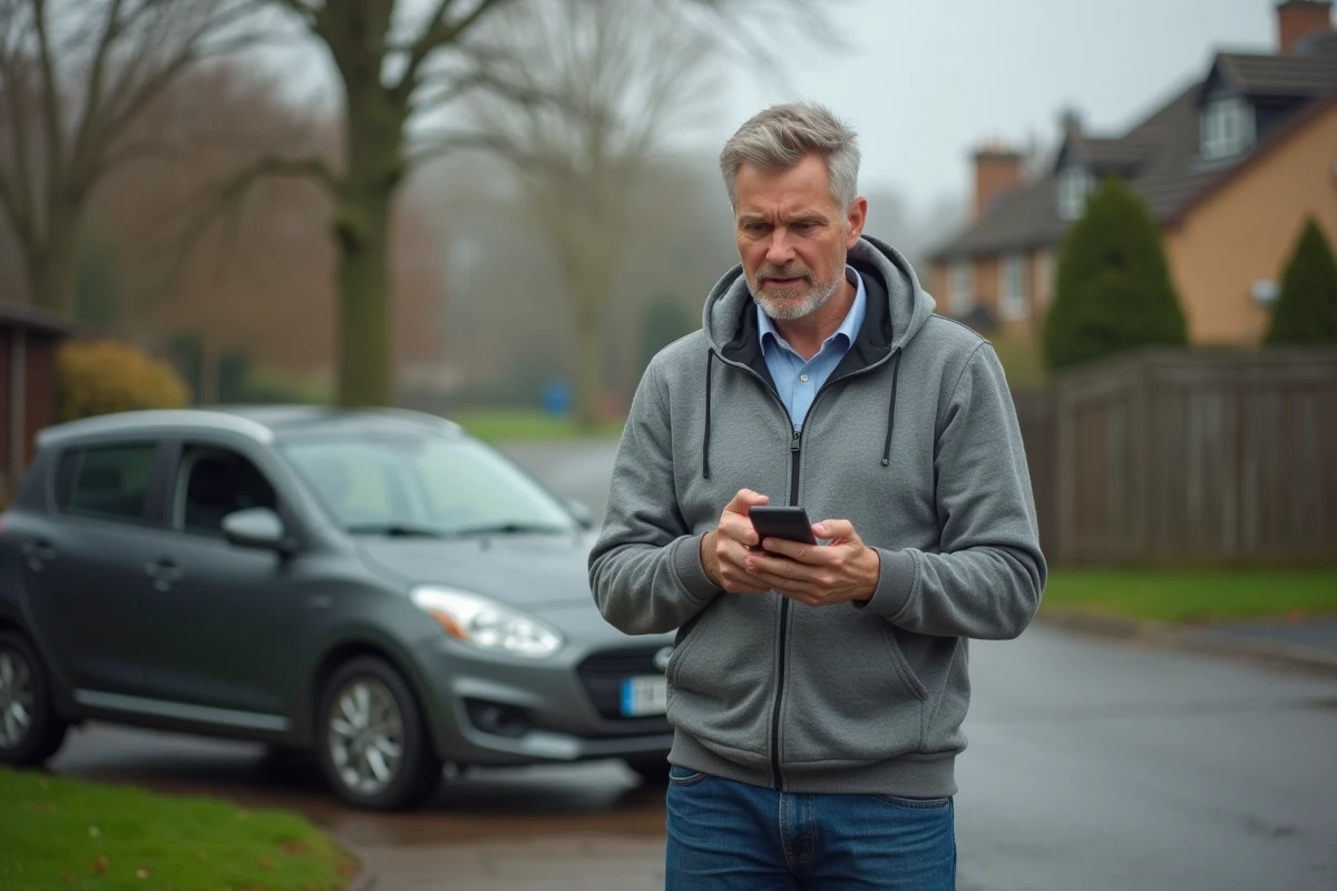 Homme vérifiant une annonce suspecte sur son téléphone avant une transaction Le Bon Coin en extérieur