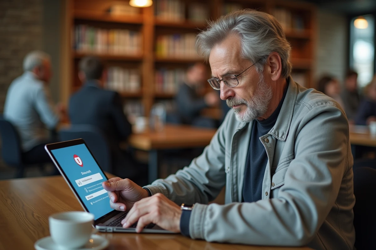 Homme âgé vérifiant une liste de paramètres de sécurité en ligne sur une tablette dans un espace public
